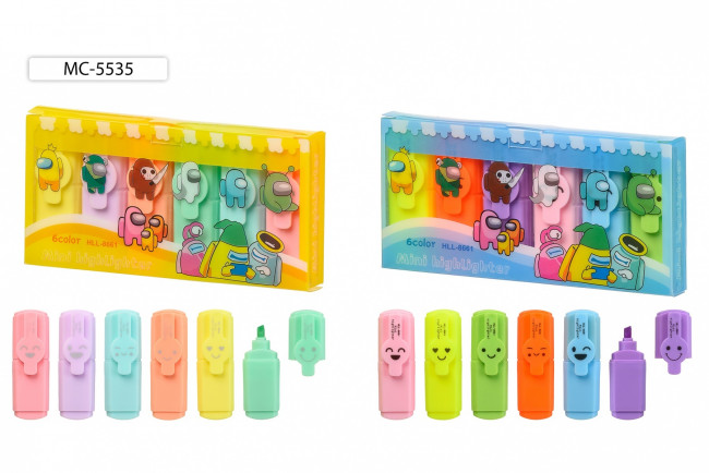 Набор текстмаркеров: "АСТРОНАВТЫ"; mini /6*2 см/; цвета-флуоресцентные и пастель, цветной корпус, колпачок с клипом, пластиковая упаковка с рисунком астронавты с европодвесом, 6 цветов.