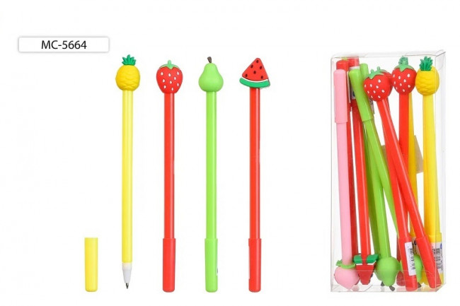 Шариковая ручка: детская; "ФРУКТЫ"; ассорти/, съёмный прорезиненный наконечник, цвет чернил-синий (МС-5664) (12)