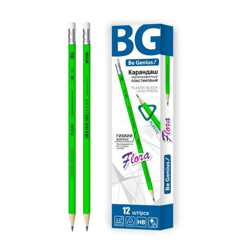 Карандаш чернографитный "FLORA", трёхгранный, пластиковый, с ластиком, HB, 2.2 мм,BG (12/144)