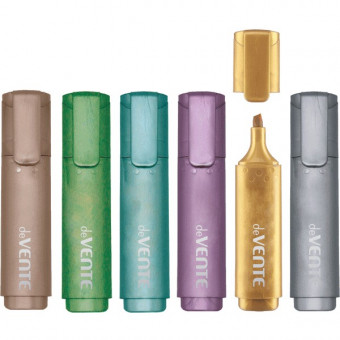 Набор маркеров-выделителей "deVENTE. Sparkle" (06 цв. - розово-лиловый, синий, зеленый, серебро, золото, бронза) цвета METALLIC с БЛЁСТКАМИ, плоский корпус, скошенный наконечник, ширина линии 1-5 мм, в пластиковом блистере