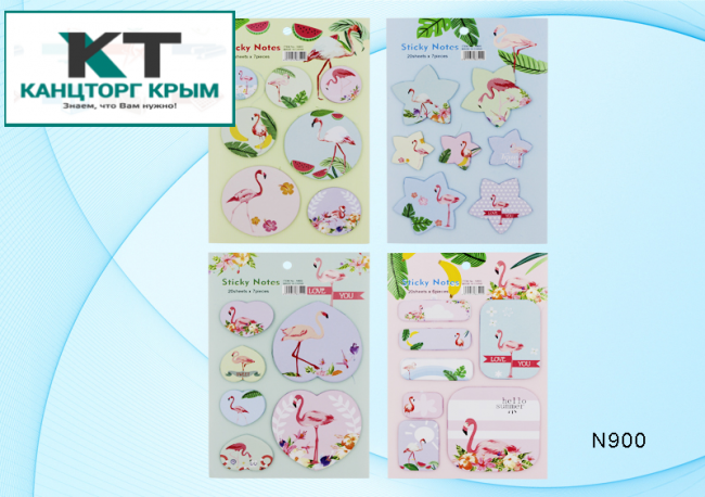 Набор закладок: "ФЛАМИНГО"; бумажные (блок с клеевым краем), с рисунком /ассорти/, различной формы и размера /звёздочки, квадраты, круги, сердечки/, 7 блоков-20листов; размер упаковки 16,5*11 см.