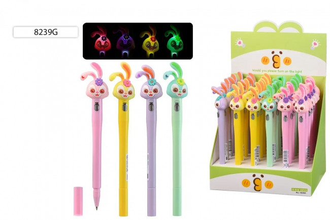 Шариковая ручка: детская "ЗАЙЧИК"; цветной корпус /ассорти/, прорезиненный клип фонарик-динозаврик, 0,5mm, цвет чернил-синий (36)