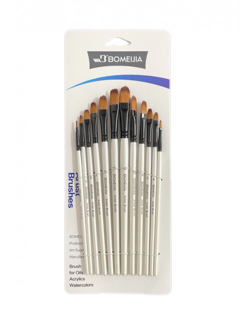 Кисти набор 12 шт. синтетика, плоские, овальные (№1,2,3,4,5,6,7,8,9,10,11,12) белая ручка, Bomeija/A7001Z