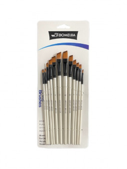Кисти набор 12 шт. синтетика, плоские, скошенные (№1,2,3,4,5,6,7,8,9,10,11,12) белая ручка, Bomeija/A7001X