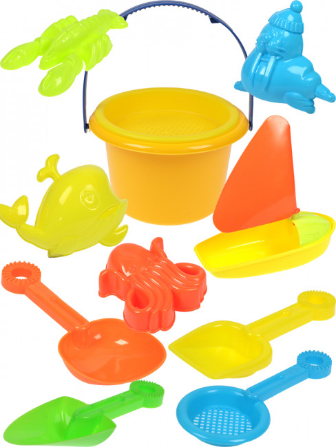 Песочный набор "Лето": ведро,лодка, 3 лопатки, 2 сита,4 формочки, Рыжий Кот/ИК-0493