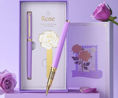 Ручка в футляре  TJ-85 Montagut (син) 0.5мм, роллер, Сиреневая с золотом, металлический корпус, с метал закладкой в к/к M901A (1/20)