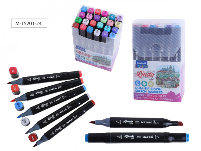 Набор маркеров для скетчинга двусторонних LINDO BLACK,24цв., Cool main colors (холодные основные цвета), кистевид./клиновид.наконечники, пиш.узлы 1.0-6.2мм, ПВХ-упаковка