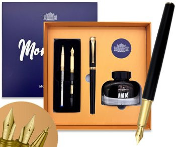 Ручка в футляре 0.5мм синяя перьевая, металлический корпус, поршневая + чернила 30мл, сменное перо, сменная ручка роллер со стержнем, TJ-27 Montagut