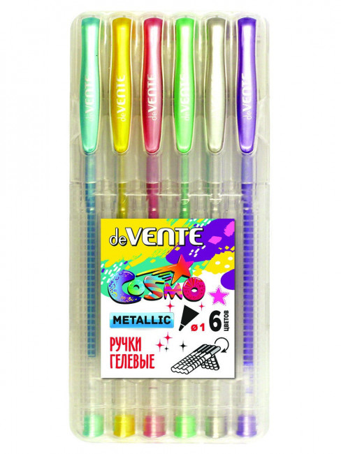 Набор ручек гелевых "deVENTE. Cosmo Metallic" 06 цветов металлик, d=1 мм, прозрачный корпус с металлическим наконечником, сменный стержень, в пластиковой коробке с подвесом