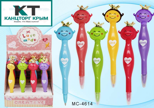 Шариковая ручка: детская "ПРИНЦЕССА"; объёмный, цветной яркий корпус в форме принцессы /ассорти/, цвет чернил-синий.