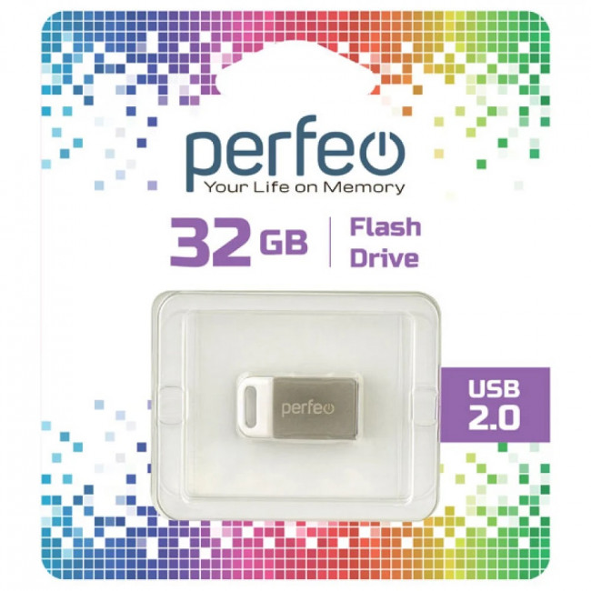 Флеш накопитель (память) USB 2.0, 32GB, цвет металл, Perfeo/PF-M05MS032