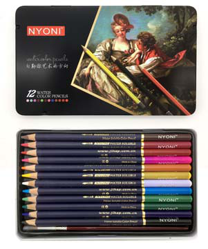 Карандаши .акварельные, деревянные, заточенные, 12цв,  в металлической коробке, кисть синтетика в комплекте, Nyoni  CD-402/NY-6 (1/8/120)