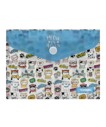 Папка с кнопкой А-6  CJ-8050 "Котики" INTELLIGENT 15х11см, пластик бело-голубой с рисунком (12/1800)