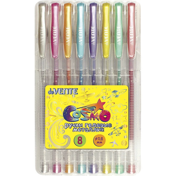 Набор ручек гелевых "deVENTE. Cosmo Metallic" 08 цветов металлик, d=1 мм, прозрачный корпус с металлическим наконечником, сменный стержень, в пластиковой коробке с подвесом