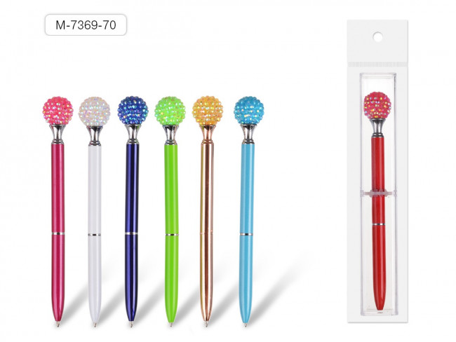 Ручка шариковая с поворотным механизмом CRISTAL, СИНЯЯ, пулевидный пиш. узел 0.7 мм, металлический корпус, на конце ручки - фигурка - шарик, украшенный стразами, сменный стержень 81 мм, подарочная упаковка