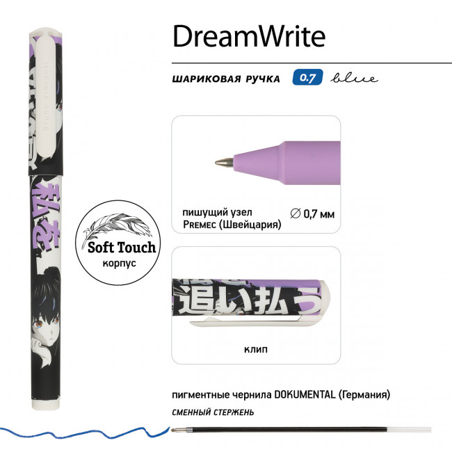 Ручка шариковая 0,7мм синяя "DreamWrite. Manga Anime. City", три вида ассорти, BV/20-0264/17 (24)