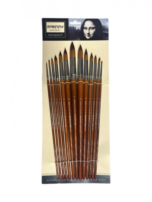 Кисти набор 13 шт. синтетика, круглые (№0,2,4,6,8,10,12,14,16,18,20,22,24) деревянная ручка, Bomeija/A5001