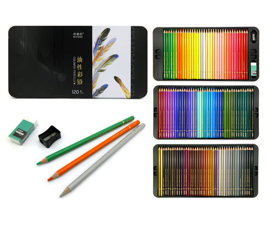 Карандаши 120цв. деревянные, заточенные, ластик и точилка в комплектке, в метал. коробке Nyoni (NY-101) (1/1/10)