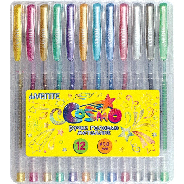 Набор ручек гелевых "deVENTE. Cosmo Metallic" 12 цветов металлик, d=1 мм, прозрачный корпус с металлическим наконечником, сменный стержень, в пластиковой коробке с подвесом