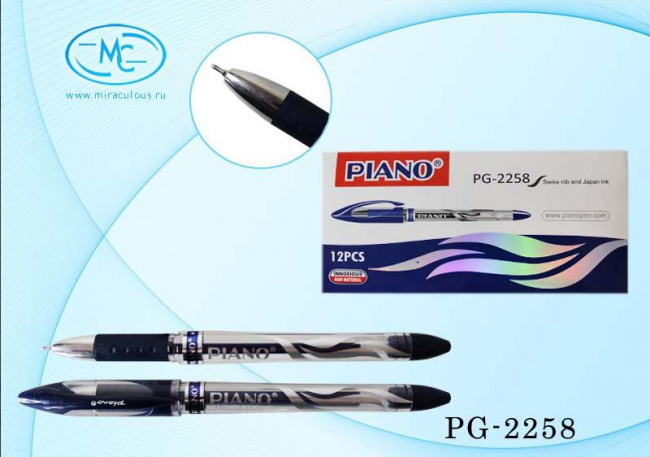 Гелевая ручка: "Piano", прозрачный корпус с рисунком, цветной колпачок с прозрачной вставкой, прорезиненный держатель,игольчатый наконечник -0,5mm, цвет чернил-синий.