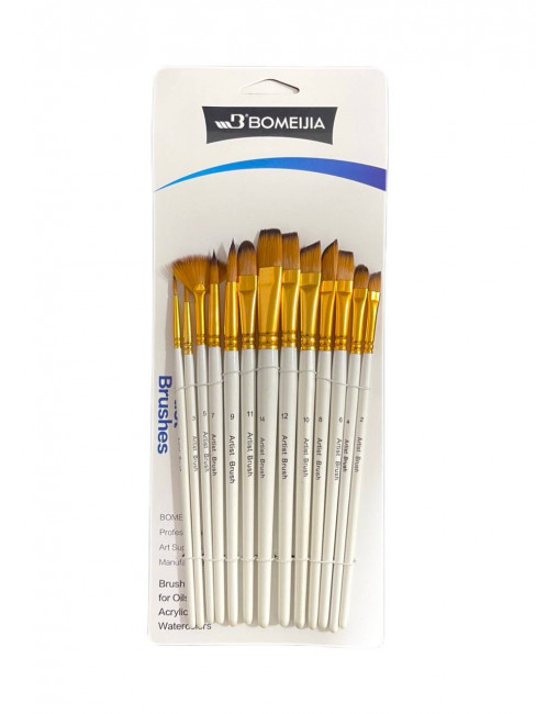 Кисти набор 13 шт. синтетика, круглые (№1,3,7,9) плоские (№2,4,5,6,8,10,11,12,14) деревянная ручка, Bomeija/A6145