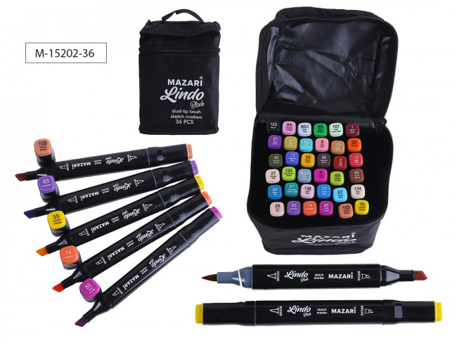 Набор маркеров для скетчинга двусторонних LINDO BLACK,36цв., Main colors 1 (основные цвета 1), кистевид./клиновид.наконечники, пиш.узлы 1.0-6.2мм, текстильный чехол на молнии, ОПП-упаковка