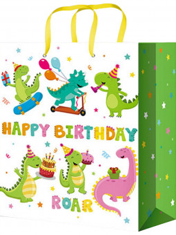 Пакет подарочный 26,4x32,7x8см "Динозаврики, зелёный", L, Optima MILAND/ППК-4488 (12)