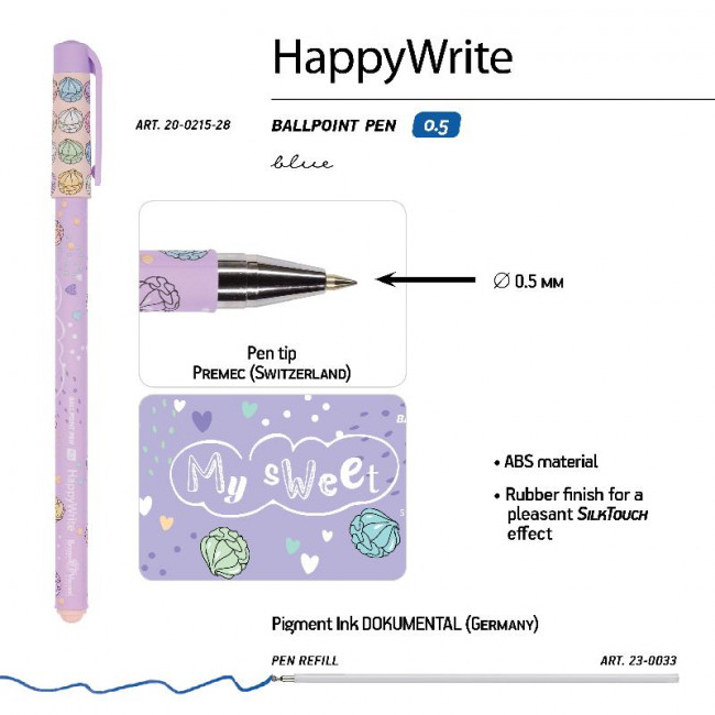 Ручка шариковая 0,5мм синяя "HappyWrite. My Sweet. Зефирки", BV/20-0215/28 (24)