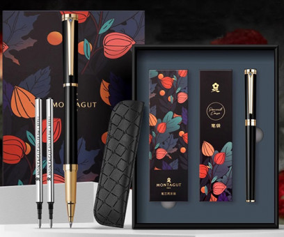 Ручка в футляре  TJ-91 Montagut (син) 0.5мм, роллер, Черная с золотом, металлический корпус, 2 сменных стержня в к/кор (1/40)