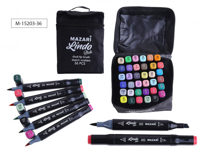 Набор маркеров для скетчинга двусторонних LINDO BLACK,36цв., Main colors 2 (основные цвета 2), кистевид./клиновид.наконечники, пиш.узлы 1.0-6.2мм, текстильный чехол на молнии, ОПП-упаковка