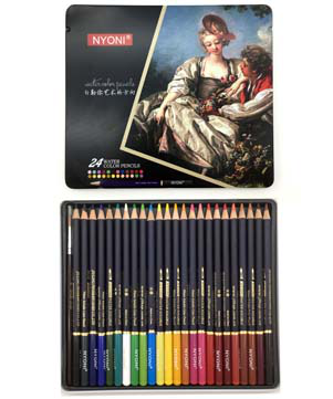 Карандаши 24 цв. Nyoni  CD-403 акварельные, деревянные, заточенные, в металлической коробке, кисть синтетика в комплекте (1/6/72)