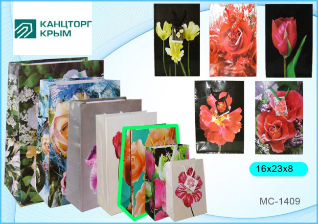Подарочный пакет: бумажный, рисунок-цветы /ассорти/, 16*18*8 см. (12)