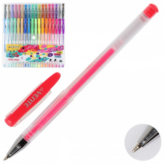 Набор ручек гелевых "deVENTE. Cosmo" 36 цветов (12 флуоресцентных неоновых цветов, 12 цветов металлик, 12 цветов с блестками), d=0,8 мм, прозрачный корпус с металлическим наконечником, сменный стержень, в пластиковом блистере Набор ручек гелевых "deVENTE. Cosmo" 36 цветов (12 флуоресцентных неоновых цветов, 12 цветов металлик, 12 цветов с блестками), d=0,8 мм, прозрачный корпус с металлическим наконечником, сменный стержень, в пластиковом блистере