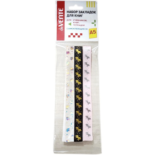 Набор закладок-ляссе "deVENTE. Glitter Unicorn" самоклеящихся для книг формата A5, 3 широких ленты 12x290 мм, двусторонняя плотная лента, в пластиковом пакете Набор закладок-ляссе "deVENTE. Glitter Unicorn" самоклеящихся для книг формата A5, 3 широких ленты 12x290 мм, двусторонняя плотная лента, в пластиковом пакете