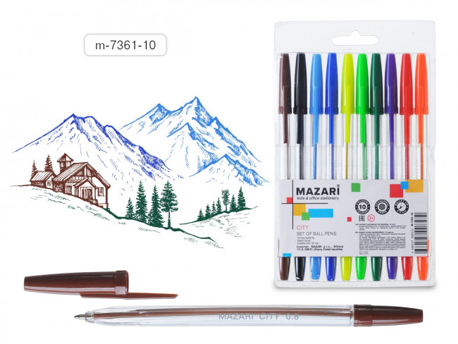 Набор ручек шариковых 08мм 10цв M-7361-10 "City", сменный стержень 137, Mazari (12)