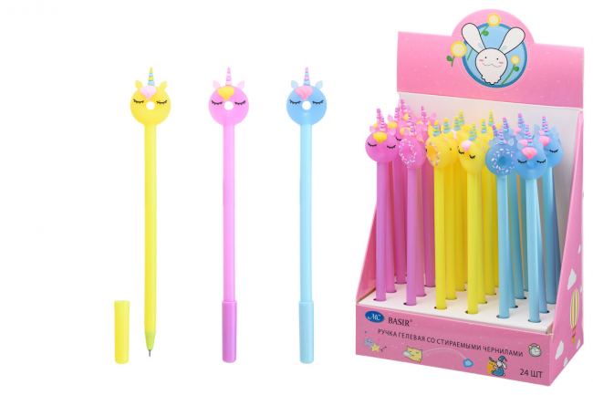 Ручка пишет-стирает-гелевая: "ПОНЧИК-единорог" цветной корпус /ассорти/, съёмный наконечник-ластик в форме пончика, цвет чернил синий.