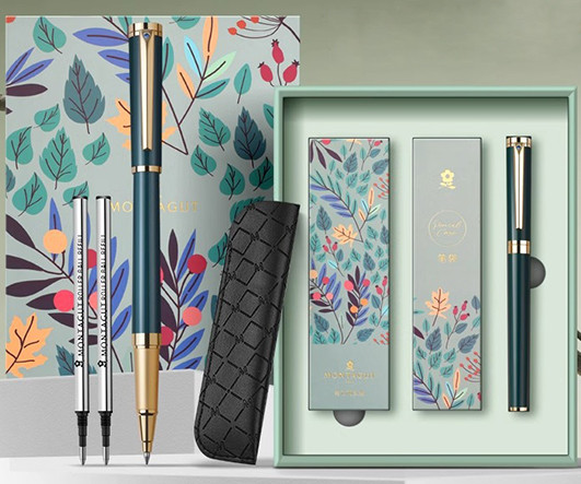 Ручка в футляре TJ-88 Montagut (син) 0.5мм, роллер, Зеленая с золотом, металлический корпус, 2 сменных стержня в к/кор (1/40)