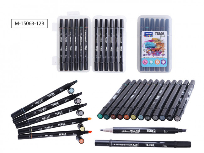 Набор маркеров для скетчинга двусторонних TERSO BLACK,12цв. (Forest colors), корпус круглый, пулевид./клиновид.наконечники, пиш.узлы 1.0-3.0мм, пластиковый пенал с европодвесом Набор маркеров для скетчинга двусторонних TERSO BLACK,12цв. (Forest colors), корпус круглый, пулевид./клиновид.наконечники, пиш.узлы 1.0-3.0мм, пластиковый пенал с европодвесом