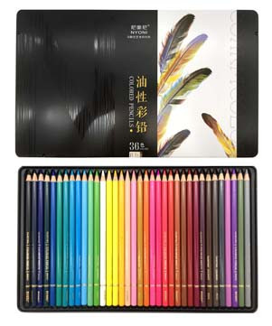 Карандаши 36 цв. Nyoni  CD-397/NY-2 деревянные, заточенные, в металлической коробке рисунок перья №N8520 (1/3/24)