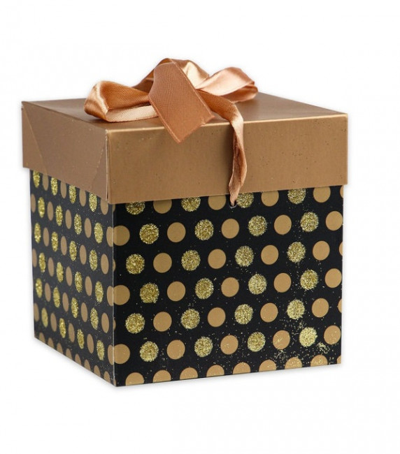 Коробка складная Горох,золотой 10х10х10 см, с лентой ПП-5372