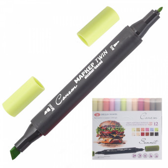 Набор маркеров 0,7-7мм для скетчинга двусторонний, пулевидный, скошенный, 12шт, Сонет Невская палитра, 211421802