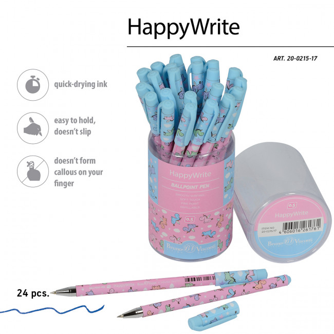 Ручка шариковая 0,5мм синяя «HappyWrite. Sweet animals. Единорожки в облачках», BV/20-0215/17 (24)