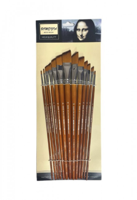 Кисти набор 13 шт. синтетика, плоские, скошенные (№0,2,4,6,8,10,12,14,16,18,20,22,24) деревянная ручка, Bomeija/A8004