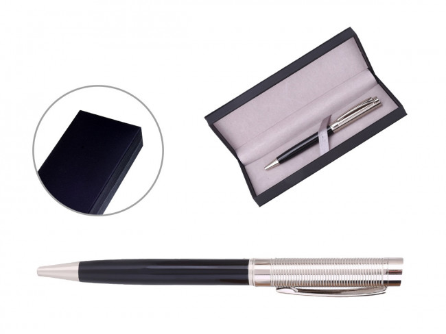 Ручка шариковая с поворотным механизмом ARGOS BS в подарочной упаковке , СИНЯЯ, чернила на масляной основе, пулевидный пиш. узел 0.7 мм, цветной металлический корпус (сочетание черного и серебристого цветов) , сменный стержень 97 мм типа Parker