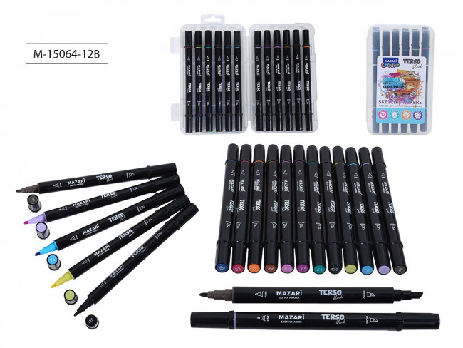 Набор маркеров для скетчинга двусторонних TERSO BLACK,12цв. (Pastel+Flou colors), корпус круглый, пулевид./клиновид.наконечники, пиш.узлы 1.0-3.0мм, пластиковый пенал с европодвесом Набор маркеров для скетчинга двусторонних TERSO BLACK,12цв. (Pastel+Flou colors), корпус круглый, пулевид./клиновид.наконечники, пиш.узлы 1.0-3.0мм, пластиковый пенал с европодвесом