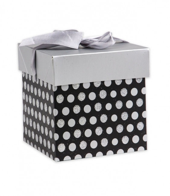 Коробка складная Горох,серебряный 10х10х10 см, с лентой ПП-5373