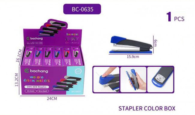 Степлер 24/6 канцелярский, большой, ассорти, Bachang/BC-0635 (12)