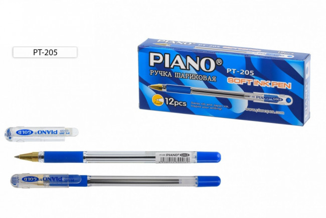 Ручка шариковая 0,5мм синяя "Piano Gold", на масляной основе, прозрачный корпус, PIANO/PT-205-12/син./ (12)