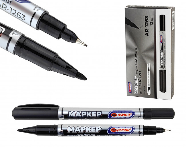 Маркер 1,0-0,5мм для CD/DVD перманентный двухсторонний тонкий, черный, Asmar (12)
