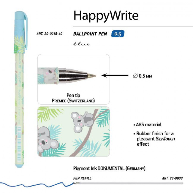 Ручка шариковая 0,5мм синяя «HappyWrite. Sweet animals. Коалы-очаровашки», BV/20-0215/40 (24)